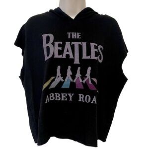 THE BEATLES Women's Black Sleeveless Abbey Road Pull On Hoodie Sweatshirt